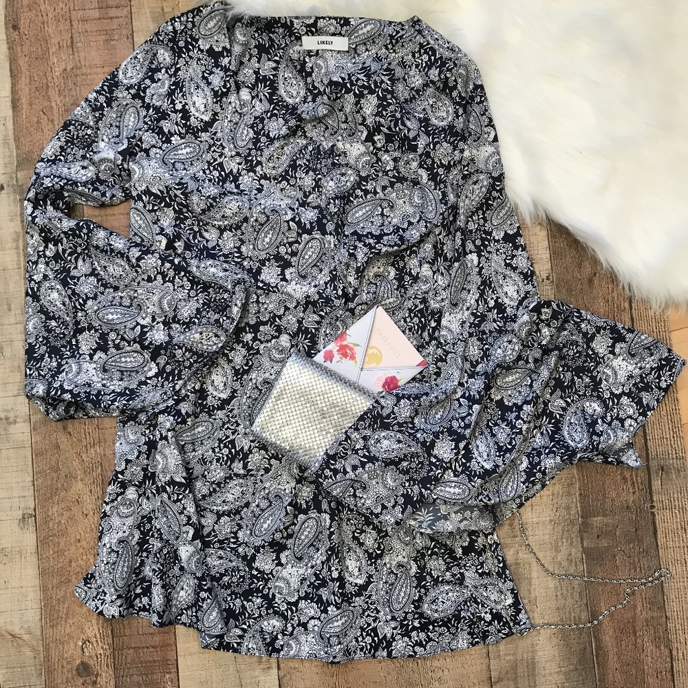 Likely Navy White Paisley Dress Bell Sleeves Mini